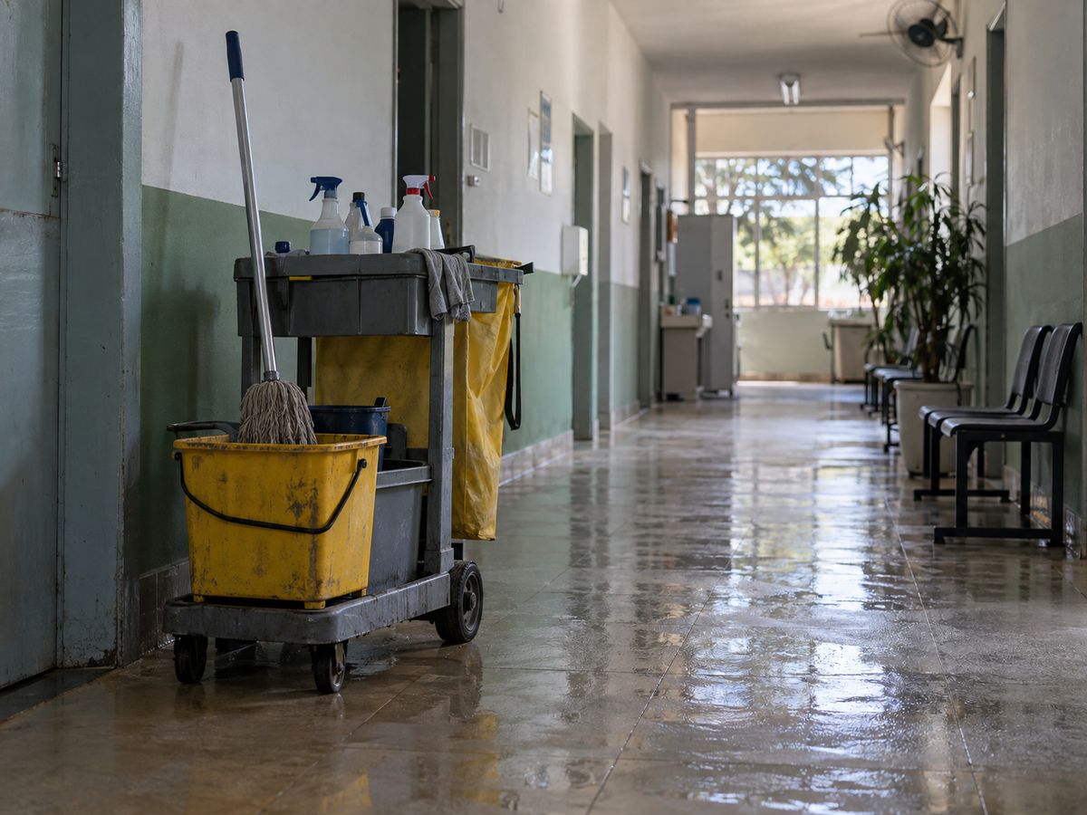 Carrinho com produtos de limpeza e esfregão em corredor com piso recém-lavado