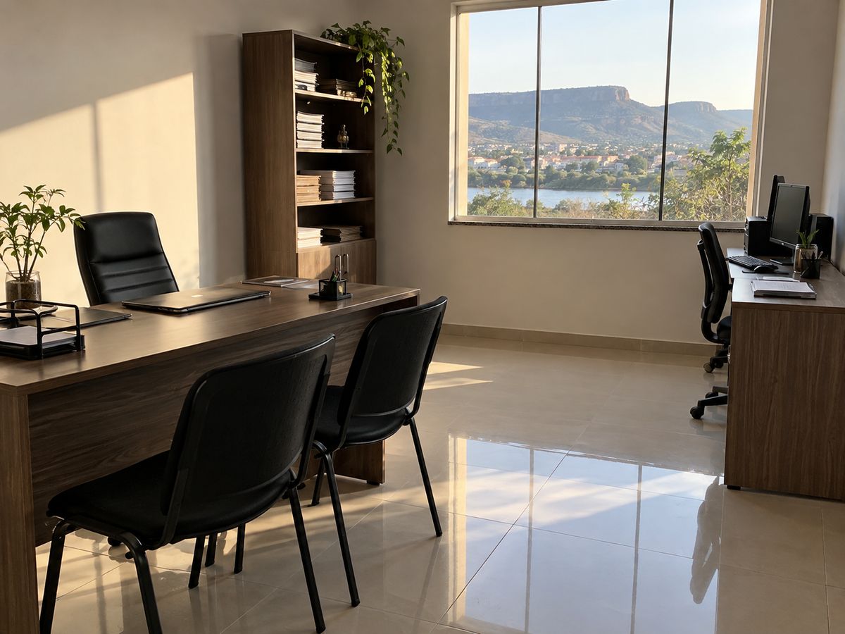 Escritório vazio e organizado, com mesa de madeira, cadeiras pretas e janela ampla com vista para a serra