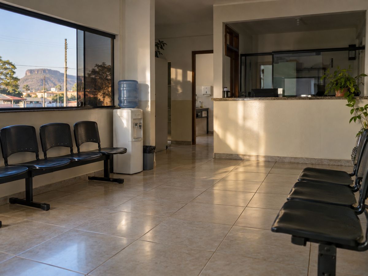 Recepção de clínica vazia, com cadeiras de espera, bebedouro e balcão de atendimento