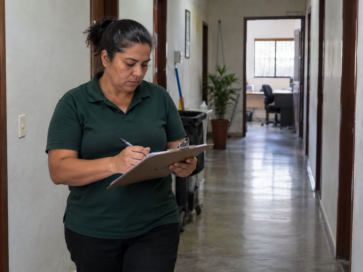 Supervisora de polo verde preenchendo uma prancheta em corredor de escritório